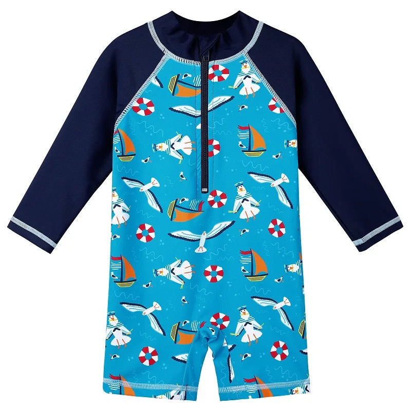 Swimsuit for Boys from Newborn to 6 Years Old, Blue Seagull Print with UV50+ Protection