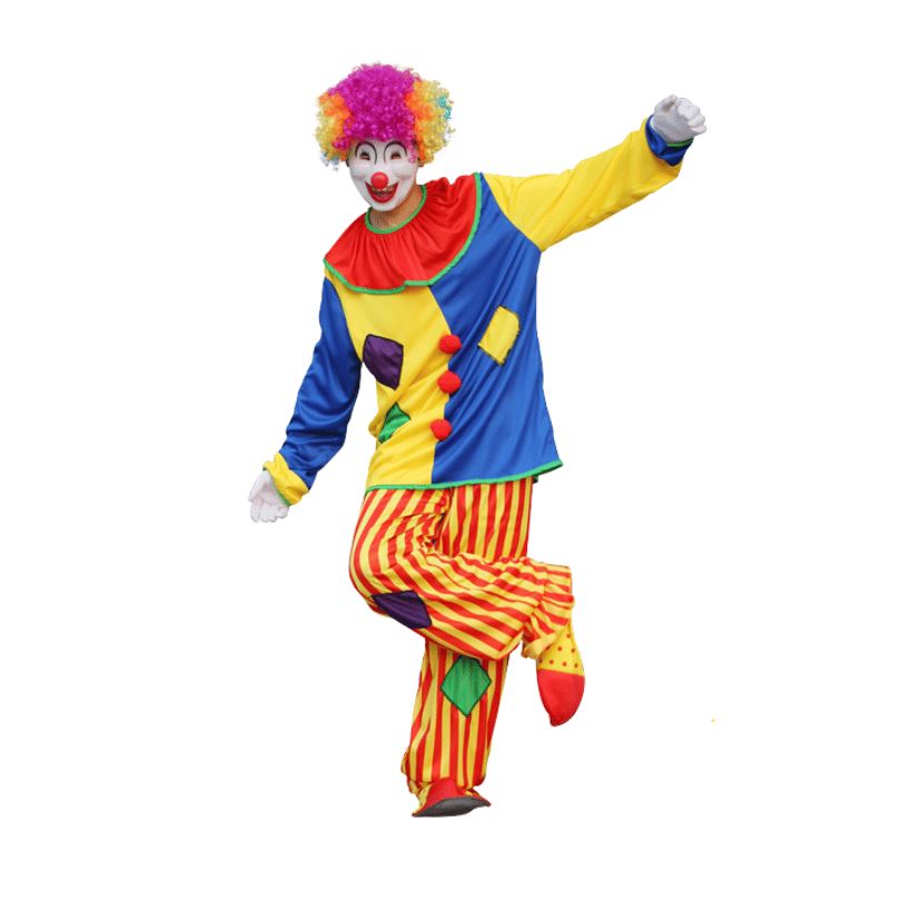 Fantasia Palhaço Cosplay Adulto  Amarelo e Azul Com Calça Listrada