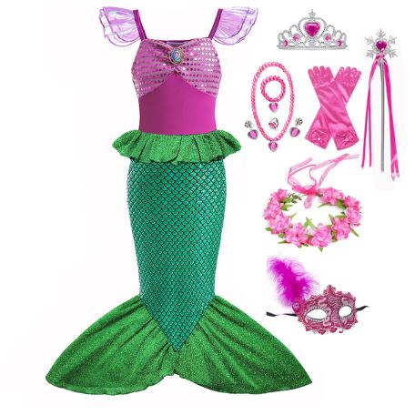 Children's Mermaid Ariel Costume Dress with Tail + Accessories (II) 