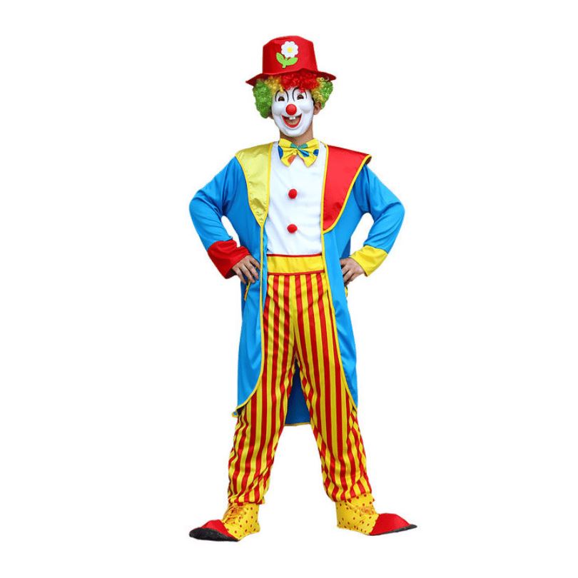 Adult Blue Clown Cosplay Costume with Red and Yellow Striped Pants