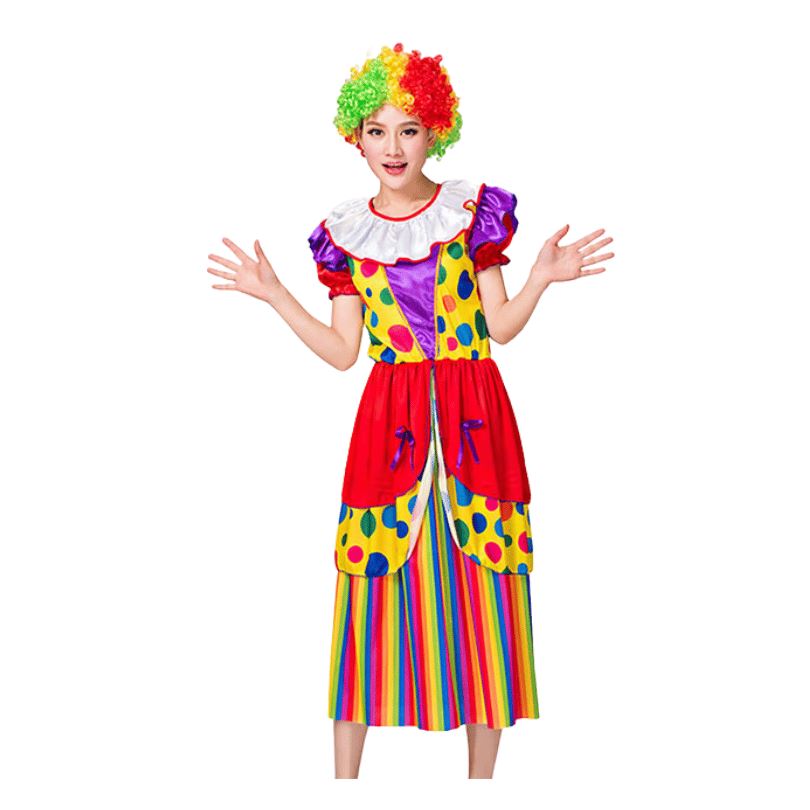 Adult Clown Costume, Female Cosplay Dress with Polka Dots and Colorful Stripes