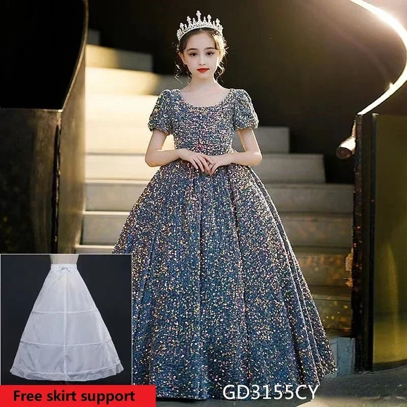 Luxury Long Blue Party Dress for Girls, with Glittering Sequins, for Birthdays, Graduations, Elegant.