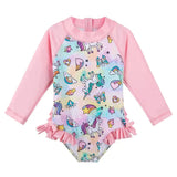 Long-sleeved swimsuit for girls from newborn to 6 years old, with underwater theme and UPF50+ sun protection.