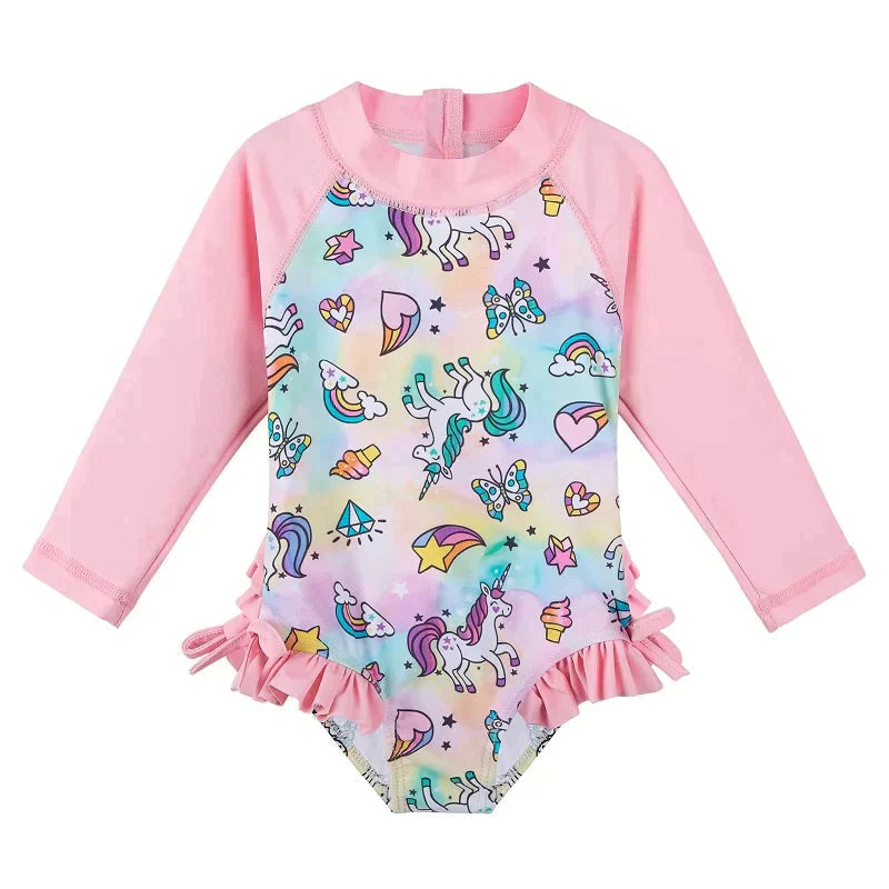 Long-sleeved swimsuit for girls from newborn to 6 years old, with underwater theme and UPF50+ sun protection.