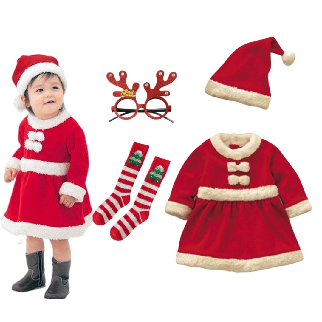 Kids Santa Claus Costume Dress + Accessories 4 Pcs