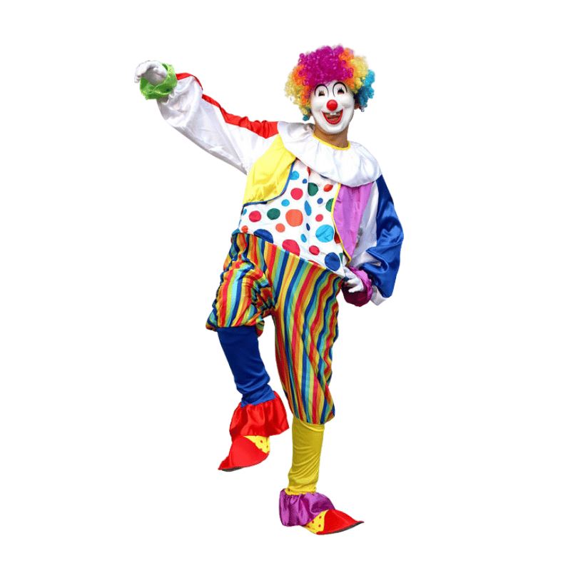 Adult White Polka Dot Clown Cosplay Costume with Rainbow Pants