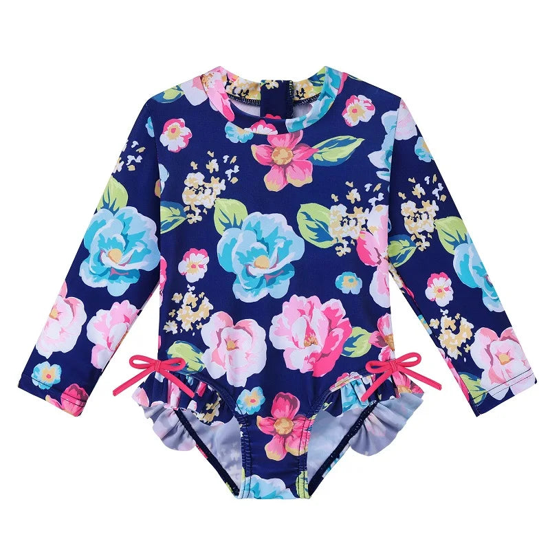 Long-sleeved floral swimsuit for girls aged newborn to 6 years, with UPF50+.