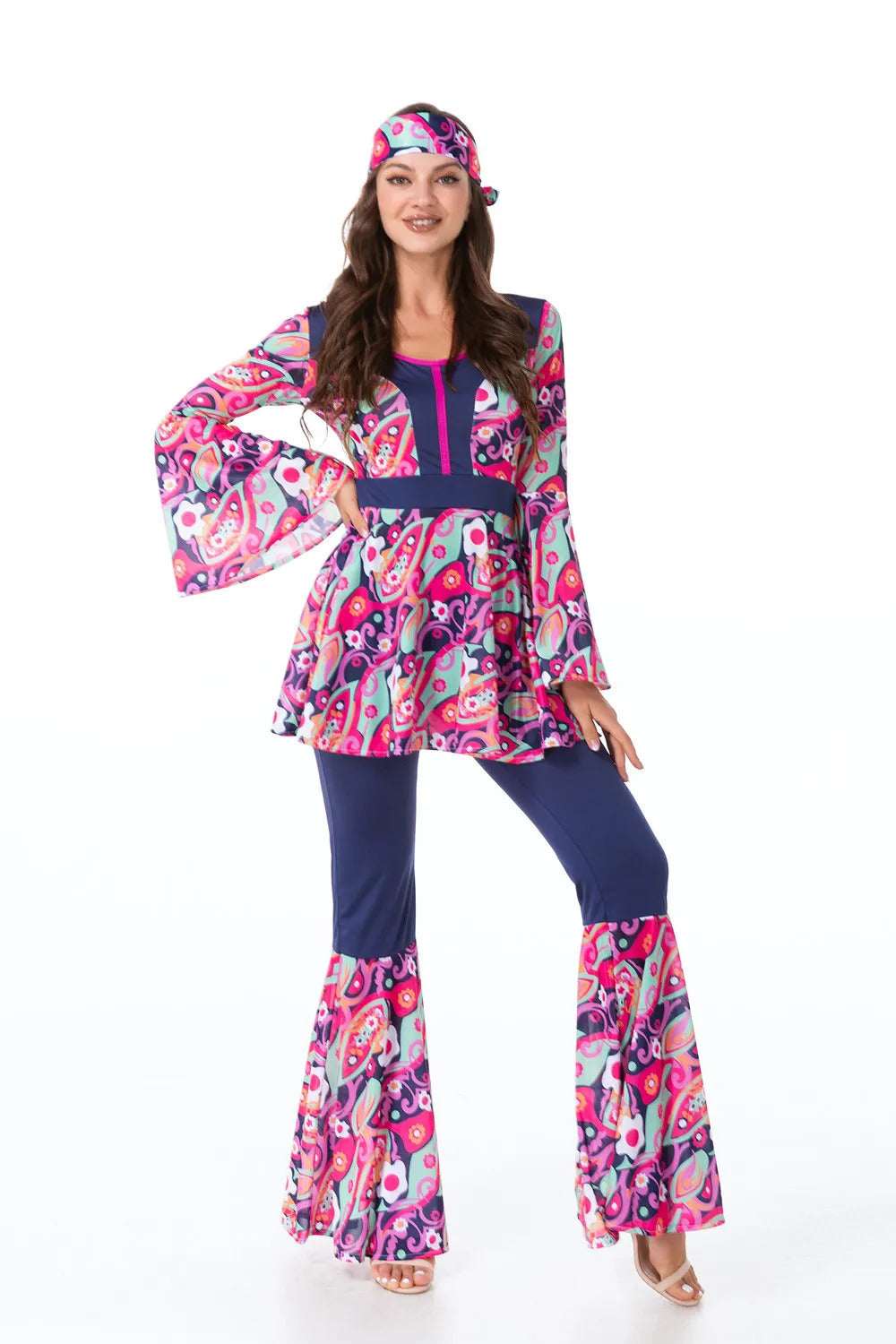Women's 70s Style Pants, Blouse, and Bandana Set