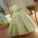 Luxury Princess Party Dress for Girls, Elegant, for Weddings, First Communion, with puff sleeves and sequin embroidery.