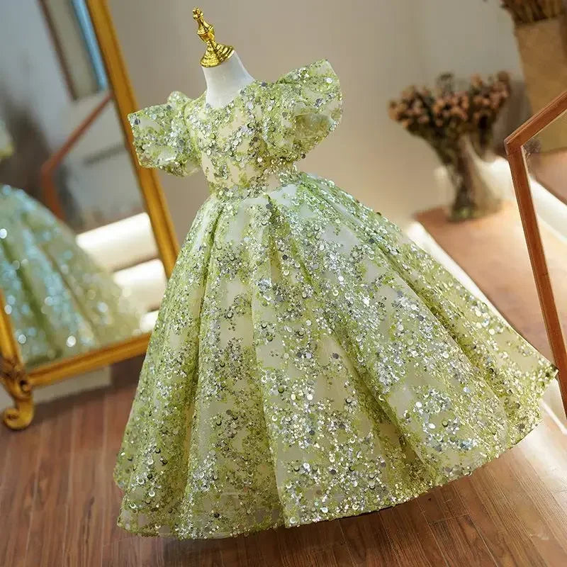 Luxury Princess Party Dress for Girls, Elegant, for Weddings, First Communion, with puff sleeves and sequin embroidery.