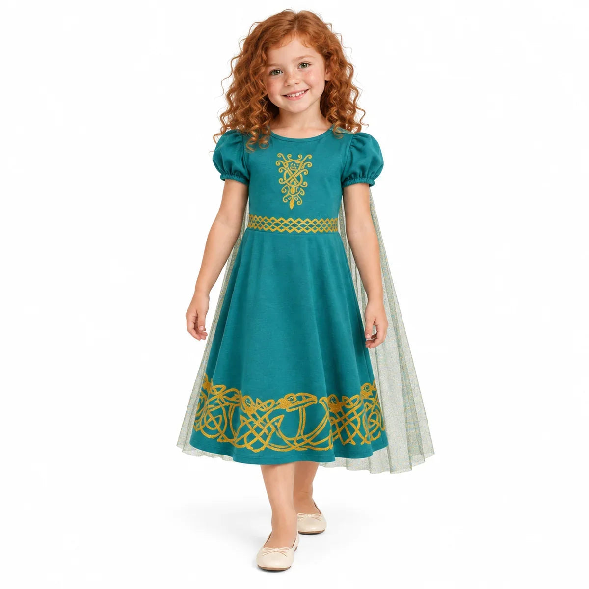 AI-generated image of a fictional child wearing the Merida teal cotton costume dress with fixed cape on a white background.