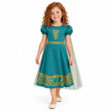 AI-generated image of a fictional child wearing the Merida teal cotton costume dress with fixed cape on a white background.