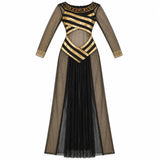 Women's black and gold Egyptian princess costume dress with sheer sleeves, diagonal trim and long skirt.