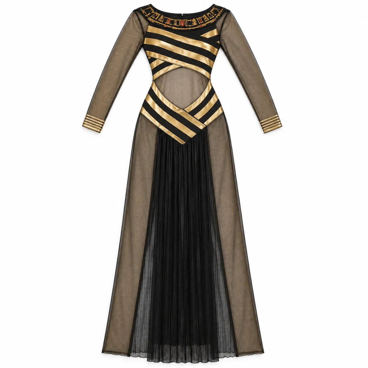 Women's black and gold Egyptian princess costume dress with sheer sleeves, diagonal trim and long skirt.