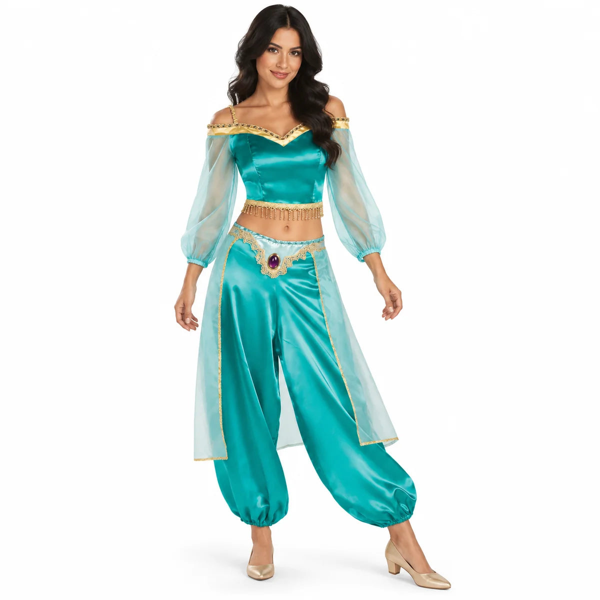 Women's Jasmine turquoise green top and harem trousers costume with sheer sleeves, side panels and gold trim.
