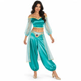 Women's Jasmine turquoise green top and harem trousers costume with sheer sleeves, side panels and gold trim.