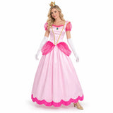 Women's Princess Peach pink costume dress with blue brooch, gold trim, crown and white gloves.