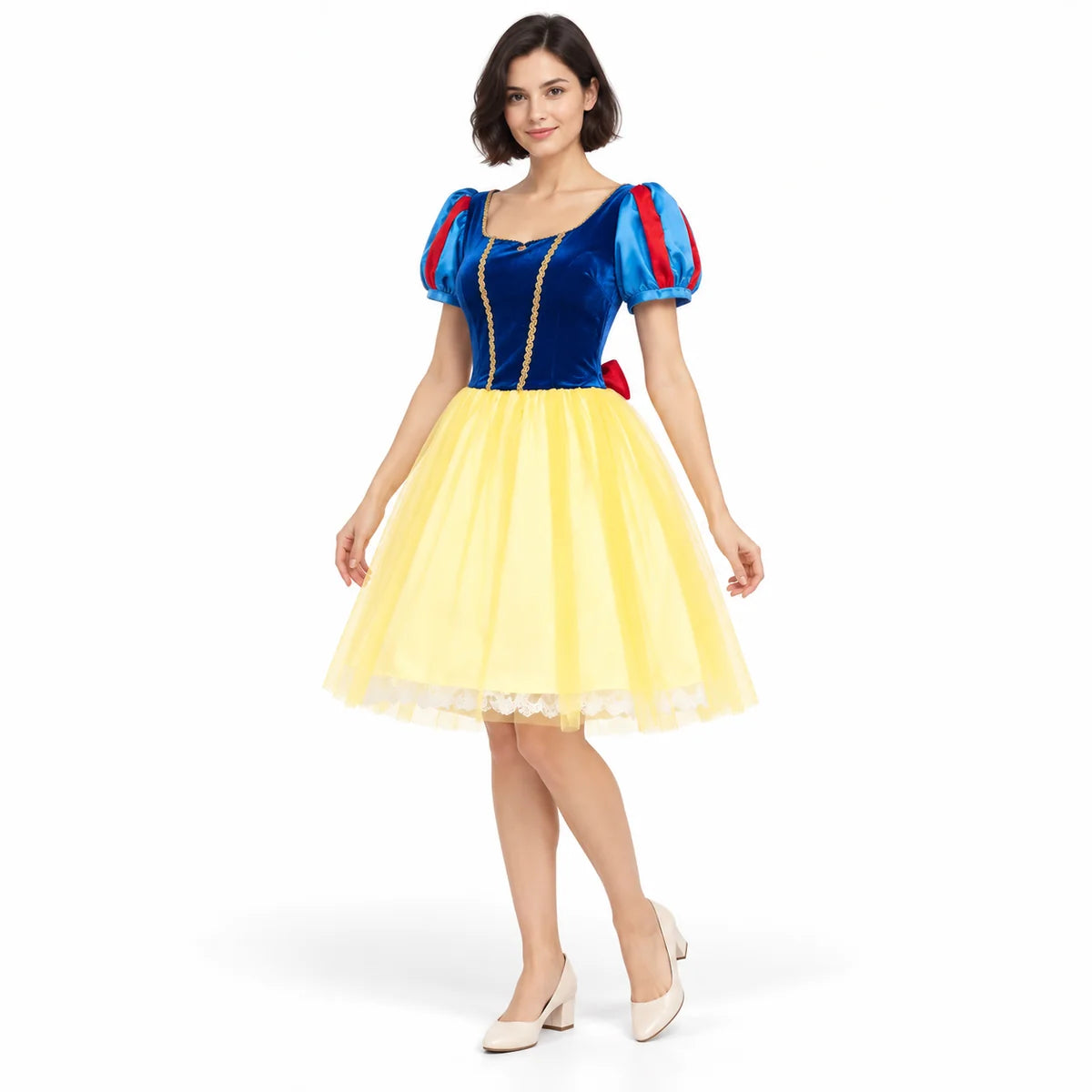 Women's Snow White blue velvet and yellow layered costume dress with puff sleeves, red accents and gold trim.