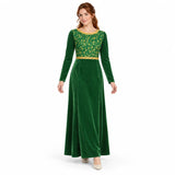 Women's Princess Fiona green long-sleeve costume dress with gold floral bodice and trim.