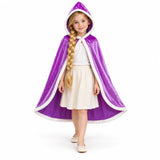 AI-generated studio image of a fictional child wearing Rapunzel Purple Hooded Costume Cape for Girls on a white background.