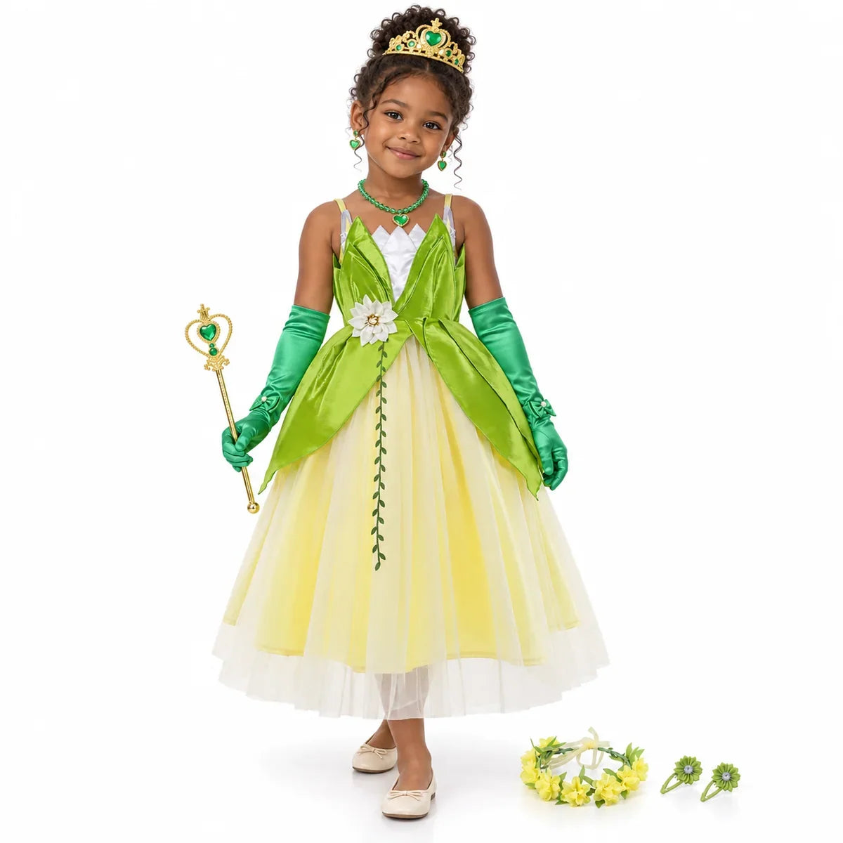 AI-generated studio image of a fictional child wearing Tiana Green Princess Costume Set with Jewelry and Accessories on a white background.
