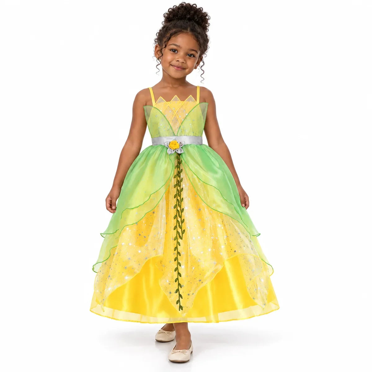 AI-generated studio image of a fictional child wearing Tiana Yellow Princess Costume Dress with Green Petal Skirt on a white background.