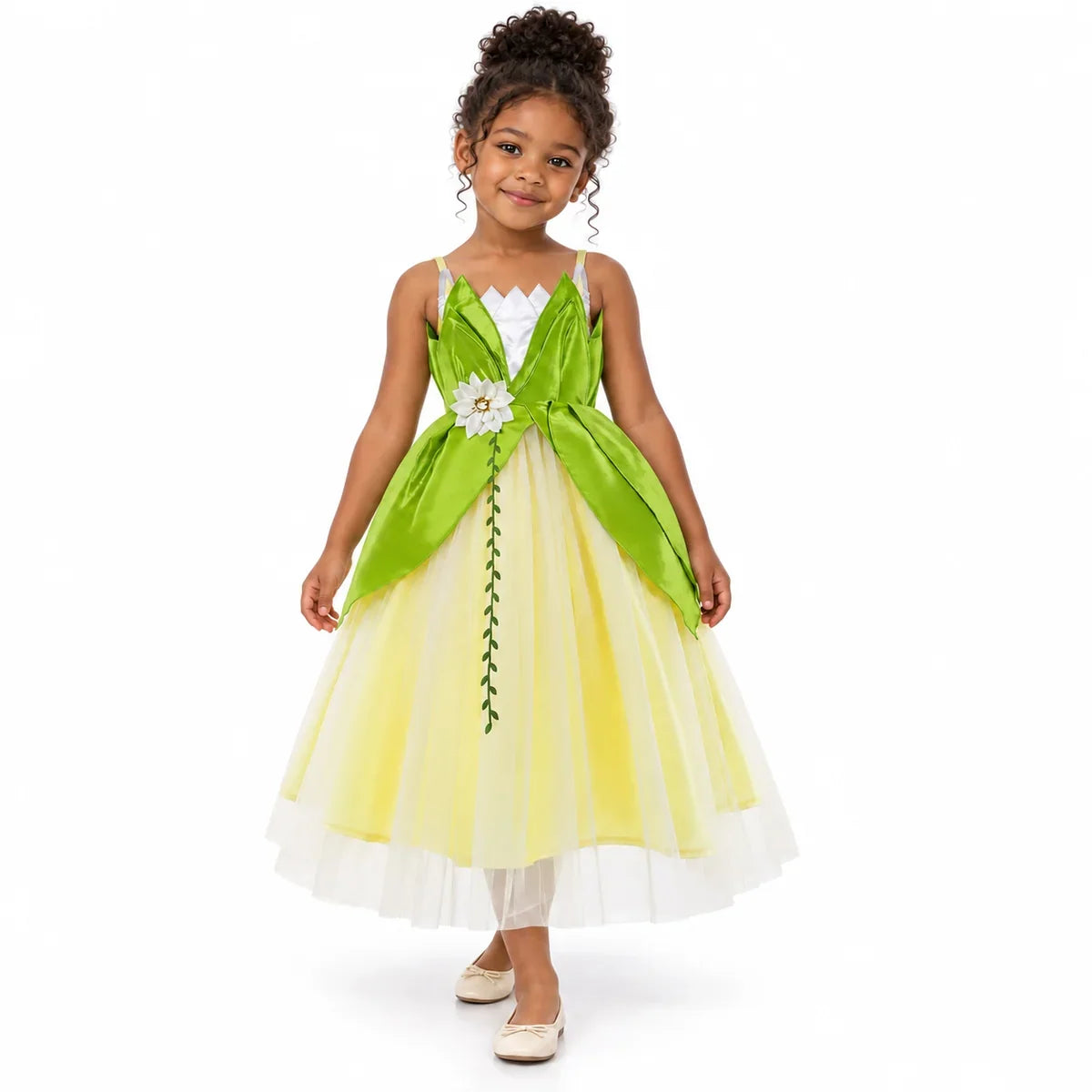 AI-generated studio image of a fictional child wearing Tiana Green Leaf Bodice Princess Costume Dress for Girls on a white background.
