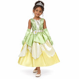 AI-generated studio image of a fictional child wearing Tiana Green and Yellow Petal Costume Set for Girls on a white background.