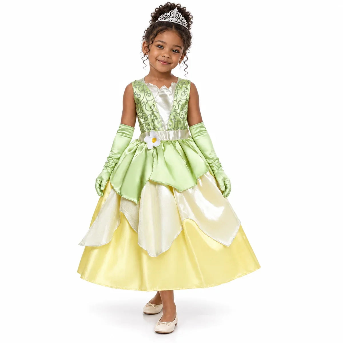 AI-generated studio image of a fictional child wearing Tiana Green and Yellow Petal Costume Set for Girls on a white background.