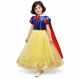 AI-generated studio image of a fictional child wearing Snow White Long Princess Costume Dress with Red Cape for Girls on a white background.