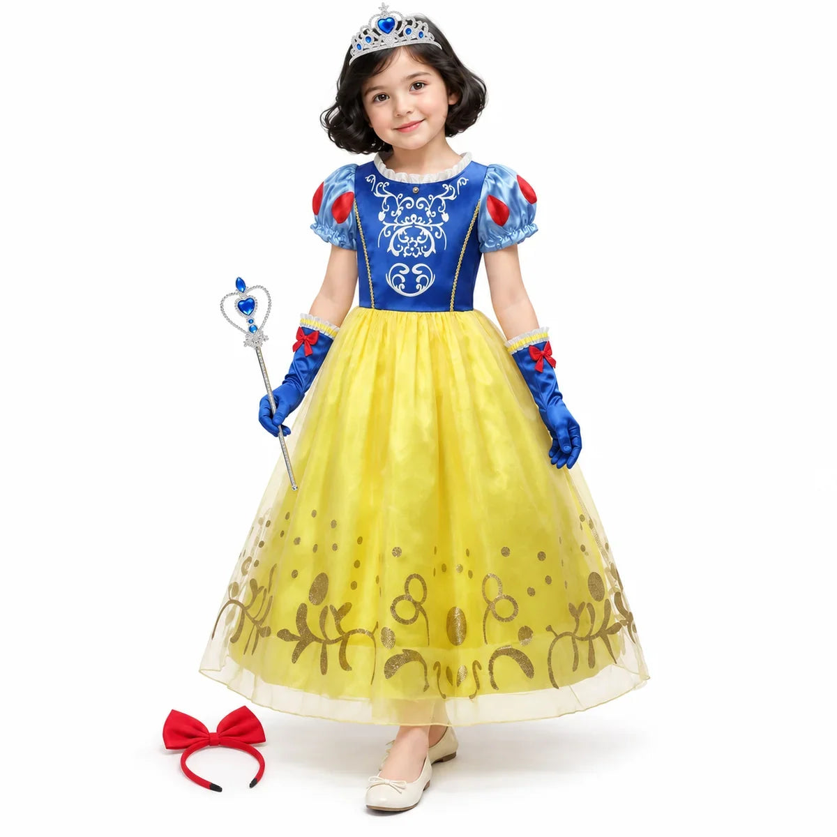 AI-generated studio image of a fictional child wearing Snow White Gold Bow Print Princess Costume Set for Girls on a white background.