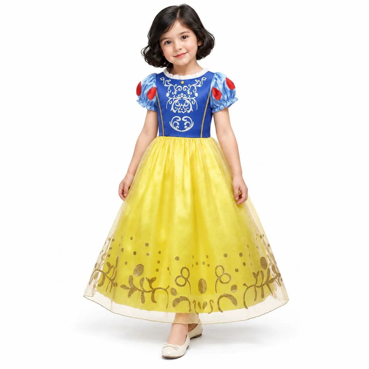 AI-generated studio image of a fictional child wearing Snow White Gold Bow Print Princess Costume Dress for Girls on a white background.