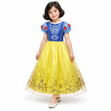 AI-generated studio image of a fictional child wearing Snow White Gold Bow Print Princess Costume Dress for Girls on a white background.