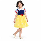 AI-generated studio image of a fictional child wearing Snow White Short Yellow Princess Costume Dress with Red Bow for Girls on a white background.