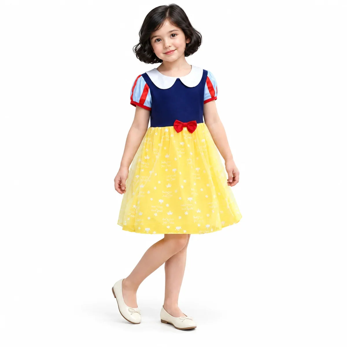 AI-generated studio image of a fictional child wearing Snow White Short Yellow Princess Costume Dress with Red Bow for Girls on a white background.