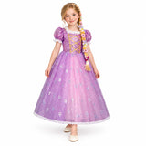 AI-generated studio image of a fictional child wearing Rapunzel Pink Floral Costume Dress with Braided Wig on a white background.