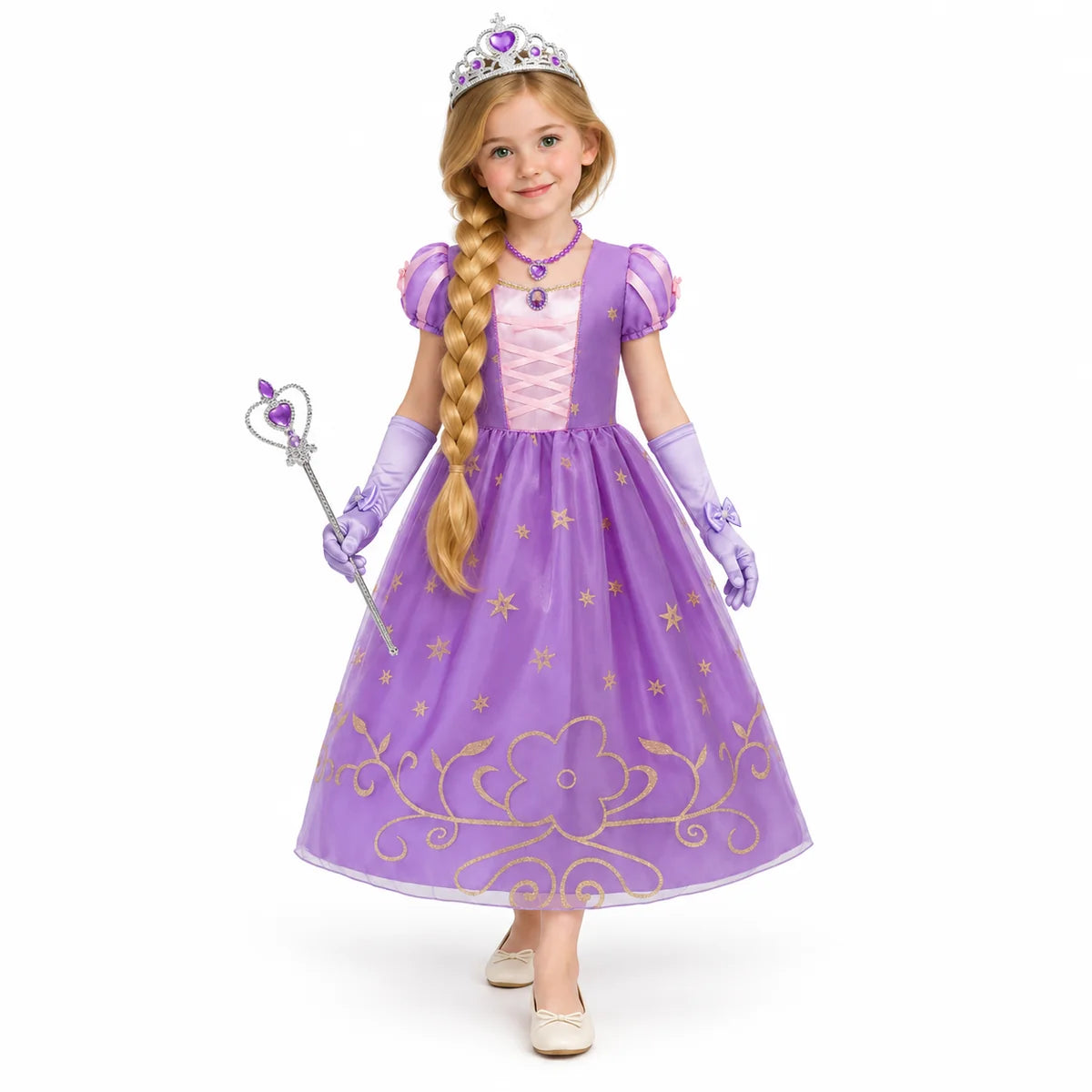 AI-generated studio image of a fictional child wearing Rapunzel Purple Star-Print Dress with Accessories on a white background.