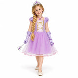 AI-generated studio image of a fictional child wearing Rapunzel Lavender Costume Dress with Jewelry and Wand on a white background.