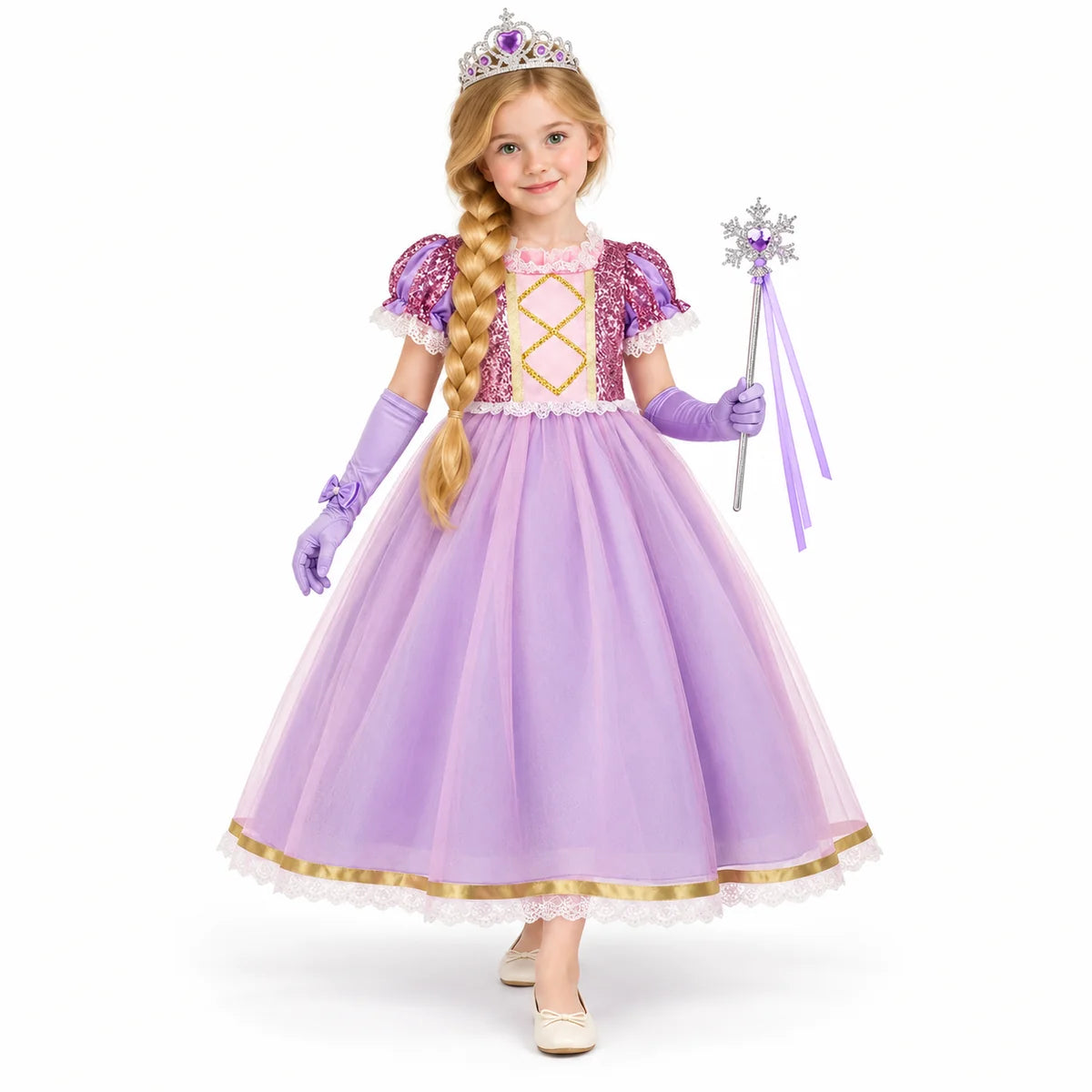 AI-generated studio image of a fictional child wearing Rapunzel Lavender Puff-Sleeve Dress with Accessories on a white background.