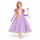 AI-generated studio image of a fictional child wearing Rapunzel Lavender Puff-Sleeve Dress with Accessories on a white background.