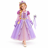 AI-generated studio image of a fictional child wearing Rapunzel Long-Sleeve Costume Dress and Accessory Set on a white background.