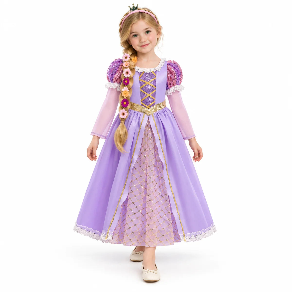 AI-generated studio image of a fictional child wearing Rapunzel Long-Sleeve Dress with Floral Braided Hairpiece on a white background.