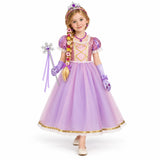 AI-generated studio image of a fictional child wearing Rapunzel Pink and Lavender Costume Dress Accessory Set on a white background.