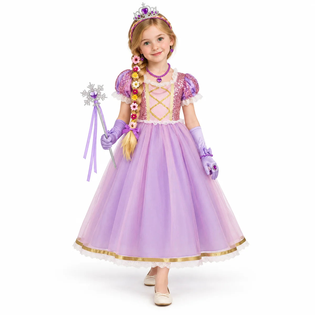 AI-generated studio image of a fictional child wearing Rapunzel Pink and Lavender Costume Dress Accessory Set on a white background.