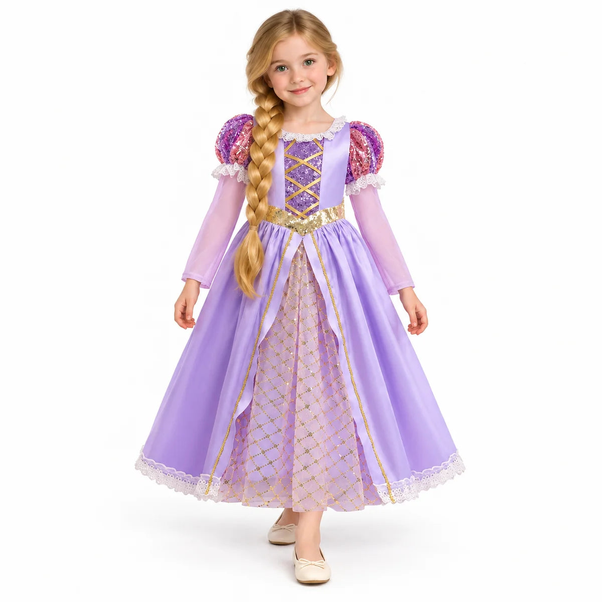 AI-generated studio image of a fictional child wearing Rapunzel Lavender Long-Sleeve Princess Costume Dress on a white background.