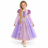 AI-generated studio image of a fictional child wearing Rapunzel Lavender Long-Sleeve Princess Costume Dress on a white background.