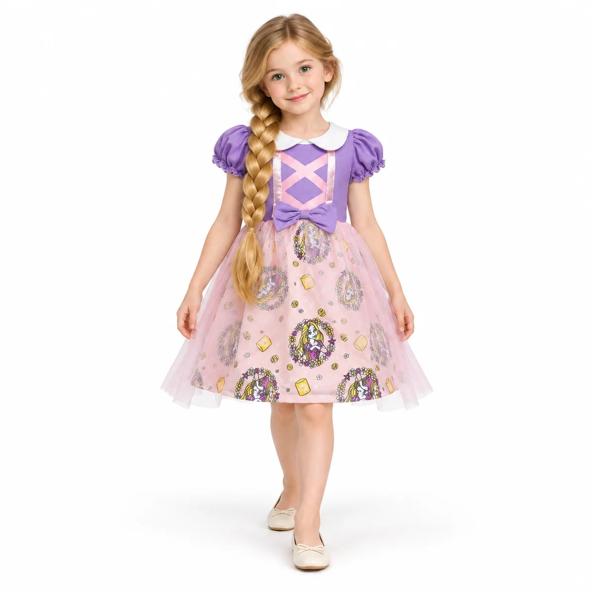 AI-generated studio image of a fictional child wearing Rapunzel Pink Character-Print Costume Dress for Girls on a white background.