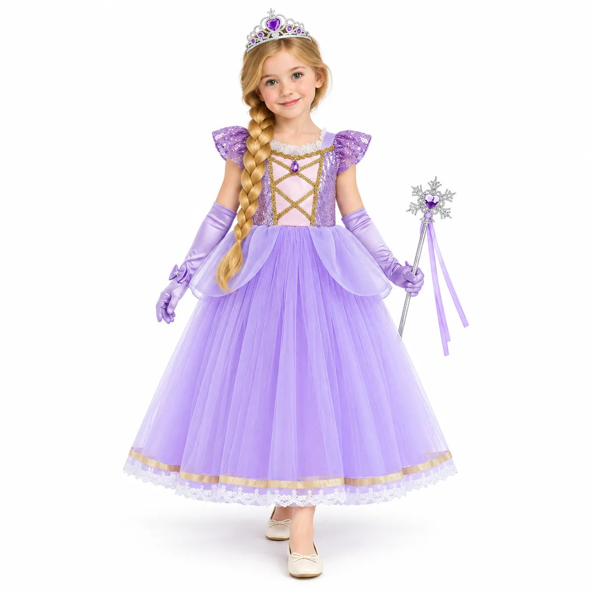 AI-generated studio image of a fictional child wearing Rapunzel Lavender Costume Dress Set with Flutter Sleeves on a white background.