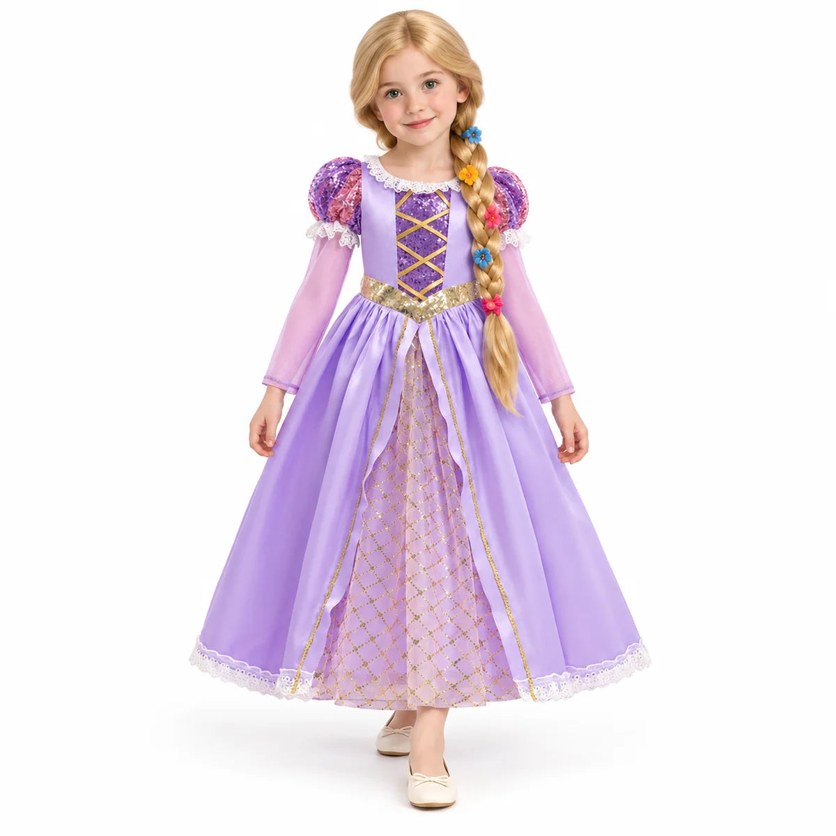 AI-generated studio image of a fictional child wearing Rapunzel Long-Sleeve Costume Dress with Braided Wig on a white background.