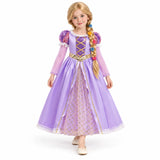 AI-generated studio image of a fictional child wearing Rapunzel Long-Sleeve Costume Dress with Braided Wig on a white background.